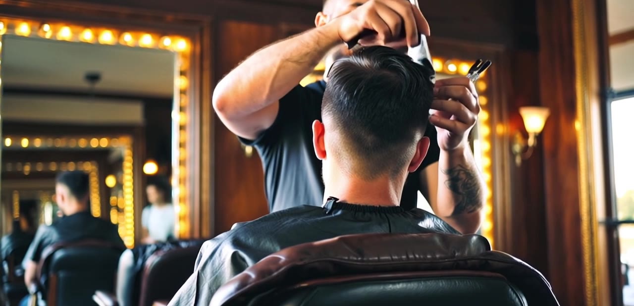 Barbeiro finalizando o corte de um cliente