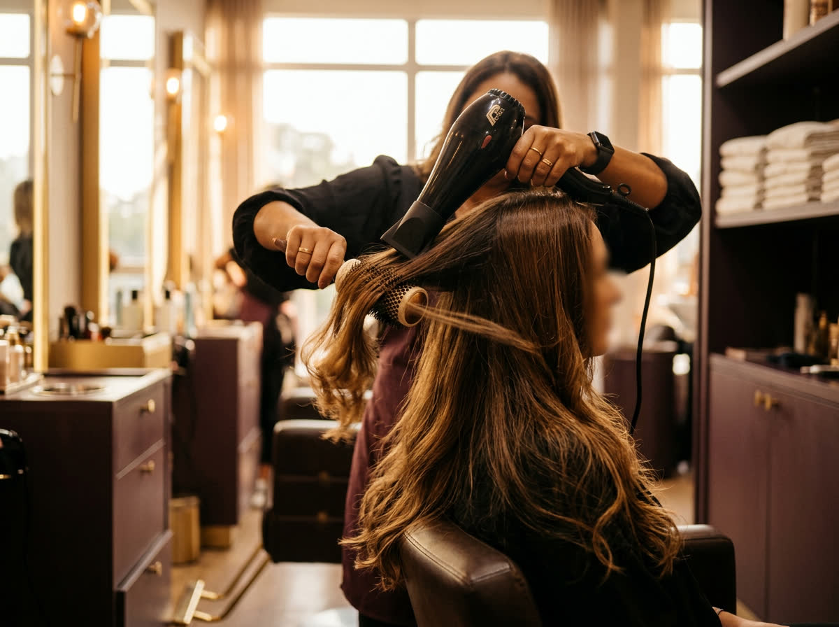 Profissional finalizando escova em cliente no salão
