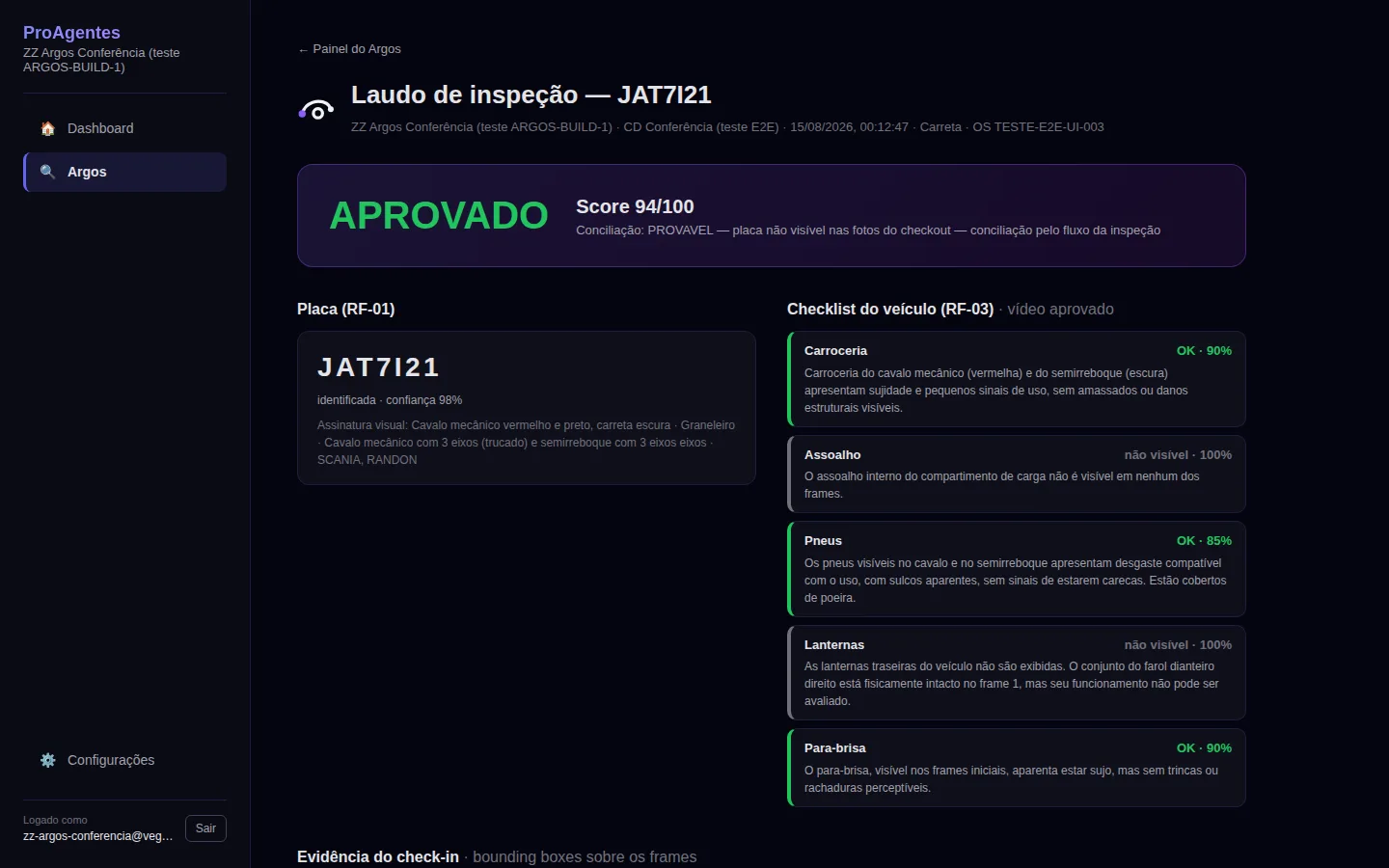 Laudo real do Argos — APROVADO 94/100, placa lida e checklist avaliado
