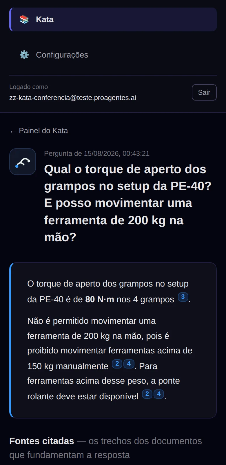 Resposta real do Kata no celular: pergunta do operador, resposta com citações e fontes com o trecho do documento