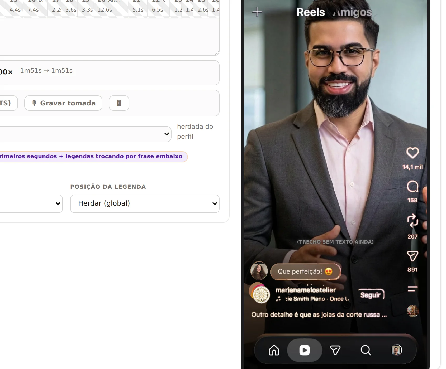 A identidade herdada do perfil: avatar e voz da marca aplicados ao trecho, com o preview da peça no aparelho
