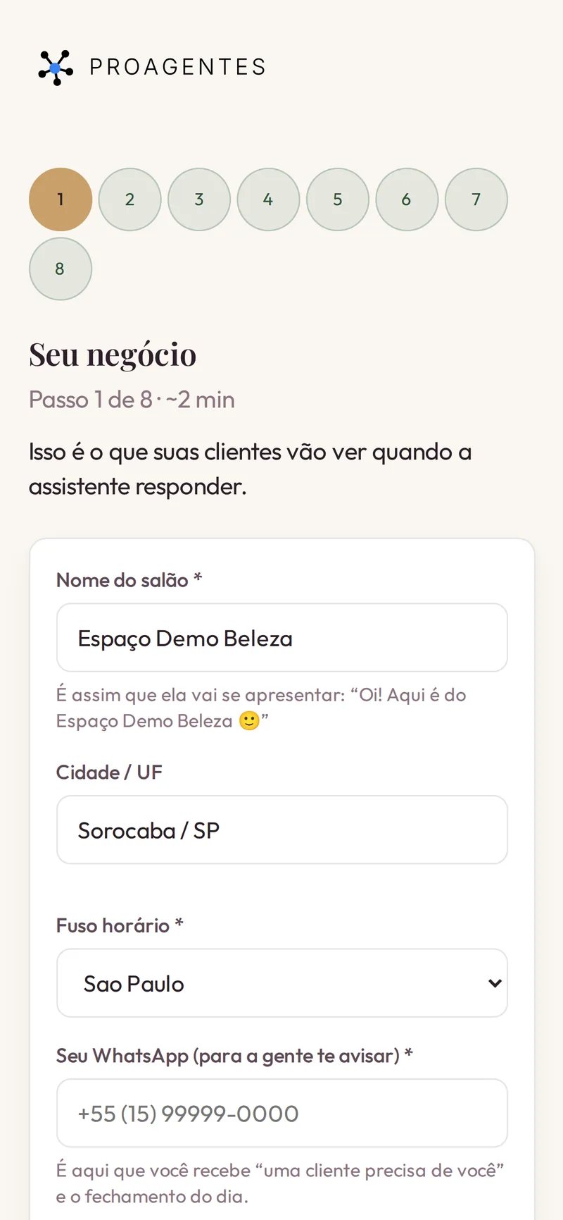 Tela real do produto: onboarding — você apresenta o seu negócio