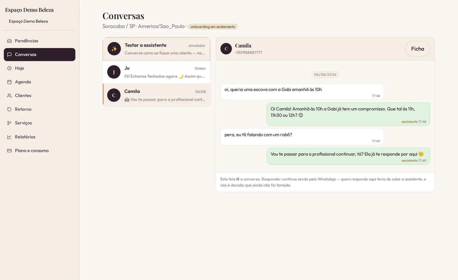 Painel real da operação: conversas, agenda, clientes, retorno e relatórios em um só lugar