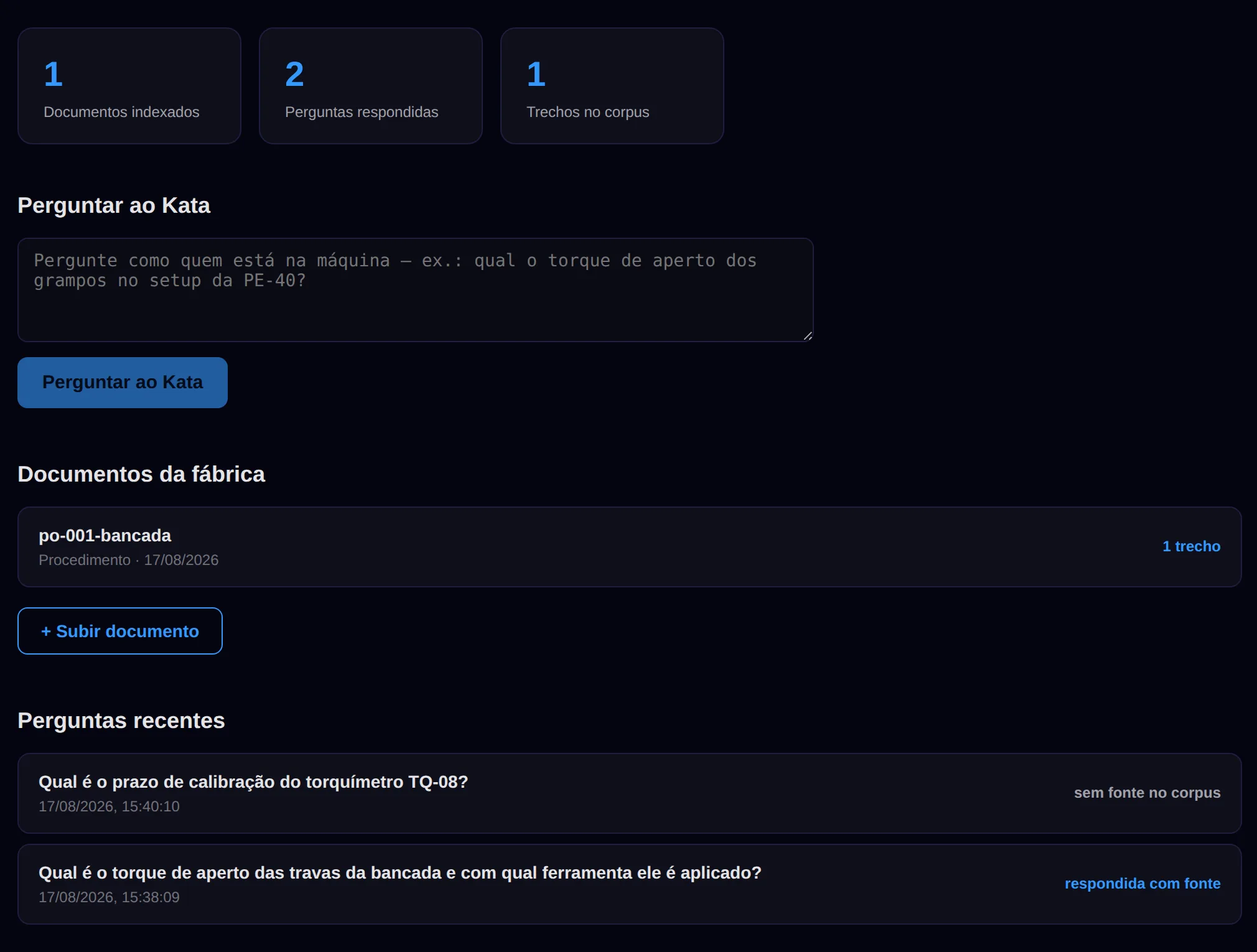 Perguntas recentes da conta — histórico documentado e pesquisável