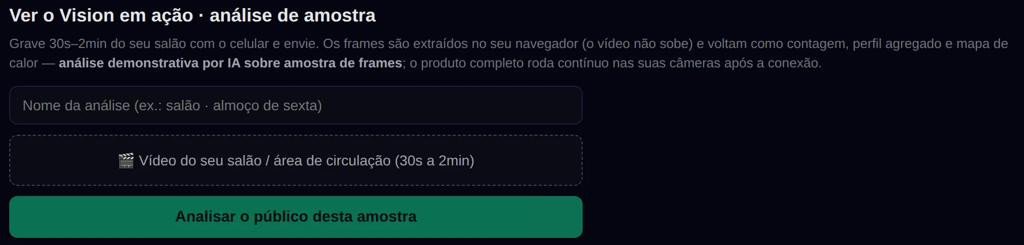 Análise de amostra real: grave 30s–2min com o celular e veja o Vision em ação antes de conectar as câmeras